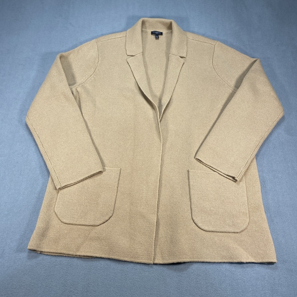 Talbots Wool Blend Knit Open Front Cardigan Sweater Tan Size Large Petite